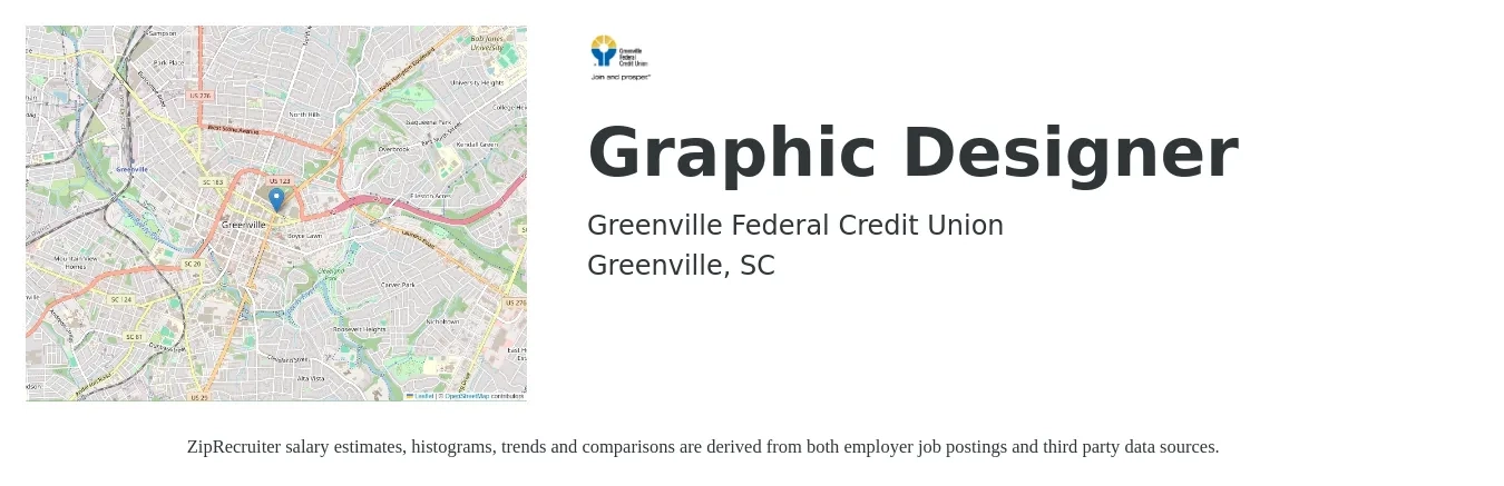 Greenville Federal Credit Union job posting for a Graphic Designer in Greenville, SC with a salary of $18 to $28 Hourly with a map of Greenville location.