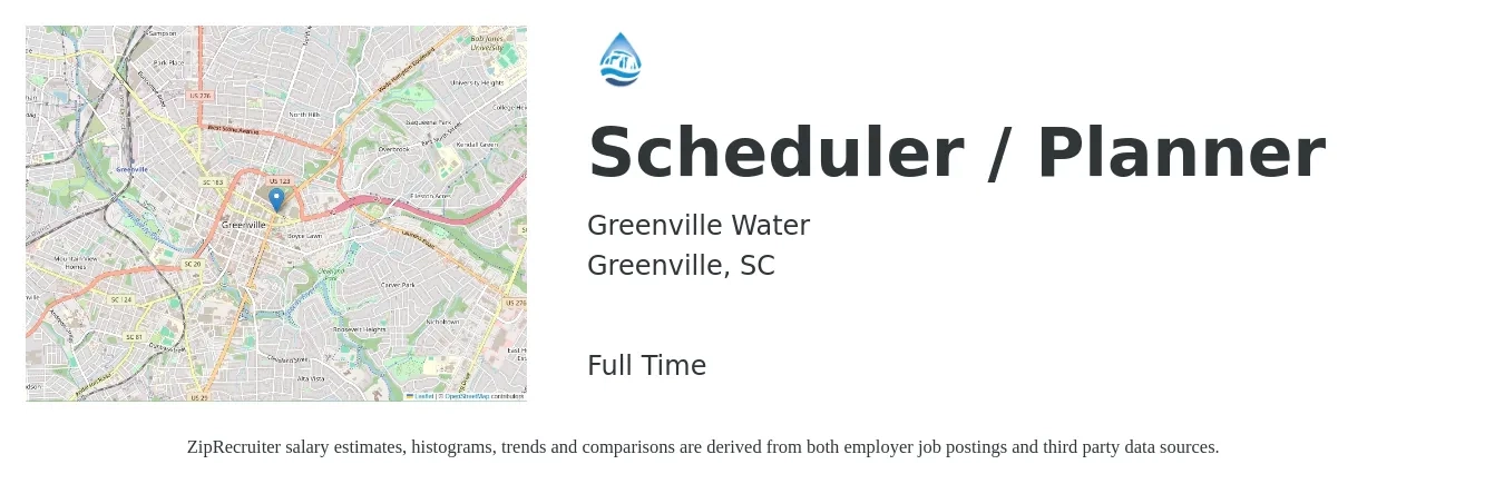 Greenville Water job posting for a Scheduler / Planner in Greenville, SC with a salary of $24 to $55 Hourly with a map of Greenville location.