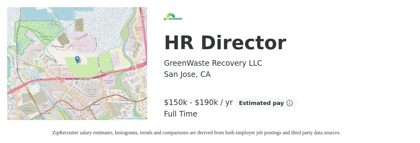 GreenWaste Recovery LLC job posting for a HR Director in San Jose, CA with a salary of $150,000 to $190,000 Yearly with a map of San Jose location.