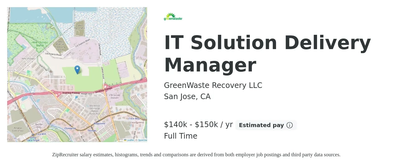 GreenWaste Recovery LLC job posting for a IT Solution Delivery Manager in San Jose, CA with a salary of $140,000 to $150,000 Yearly with a map of San Jose location.