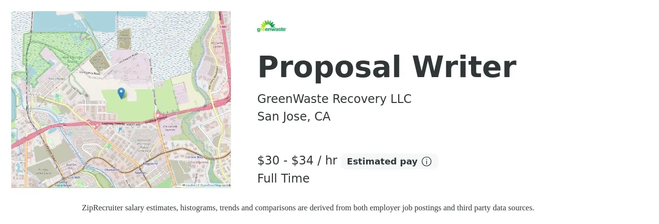 GreenWaste Recovery LLC job posting for a Proposal Writer in San Jose, CA with a salary of $31 to $36 Hourly with a map of San Jose location.