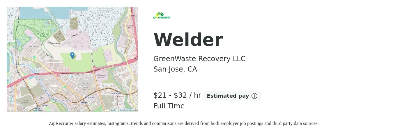 GreenWaste Recovery LLC job posting for a Welder in San Jose, CA with a salary of $22 to $34 Hourly with a map of San Jose location.