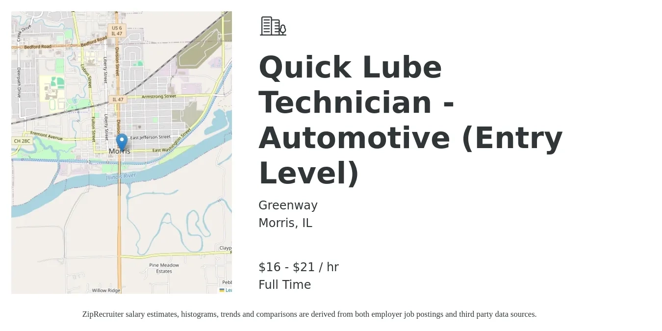 Greenway job posting for a Quick Lube Technician - Automotive (Entry Level) in Morris, IL with a salary of $17 to $22 Hourly with a map of Morris location.