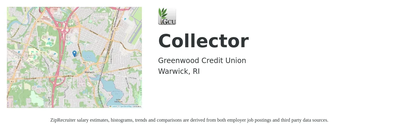 Greenwood Credit Union job posting for a Collector in Warwick, RI with a salary of $16 to $22 Hourly with a map of Warwick location.