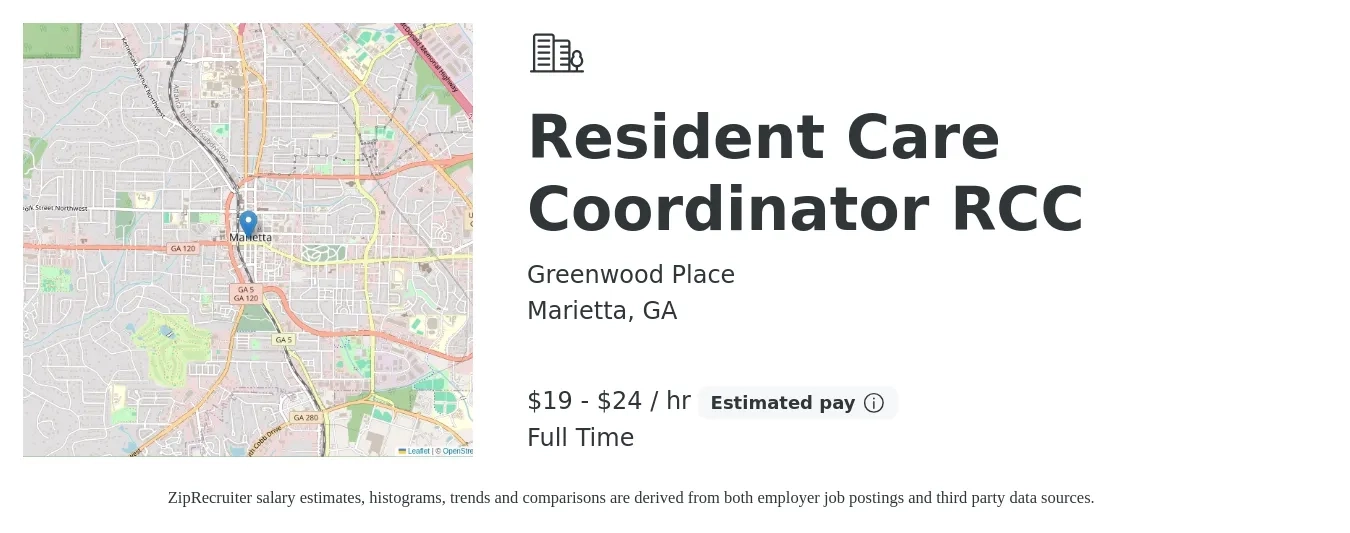 Greenwood Place job posting for a Resident Care Coordinator RCC in Marietta, GA with a salary of $20 to $25 Hourly with a map of Marietta location.