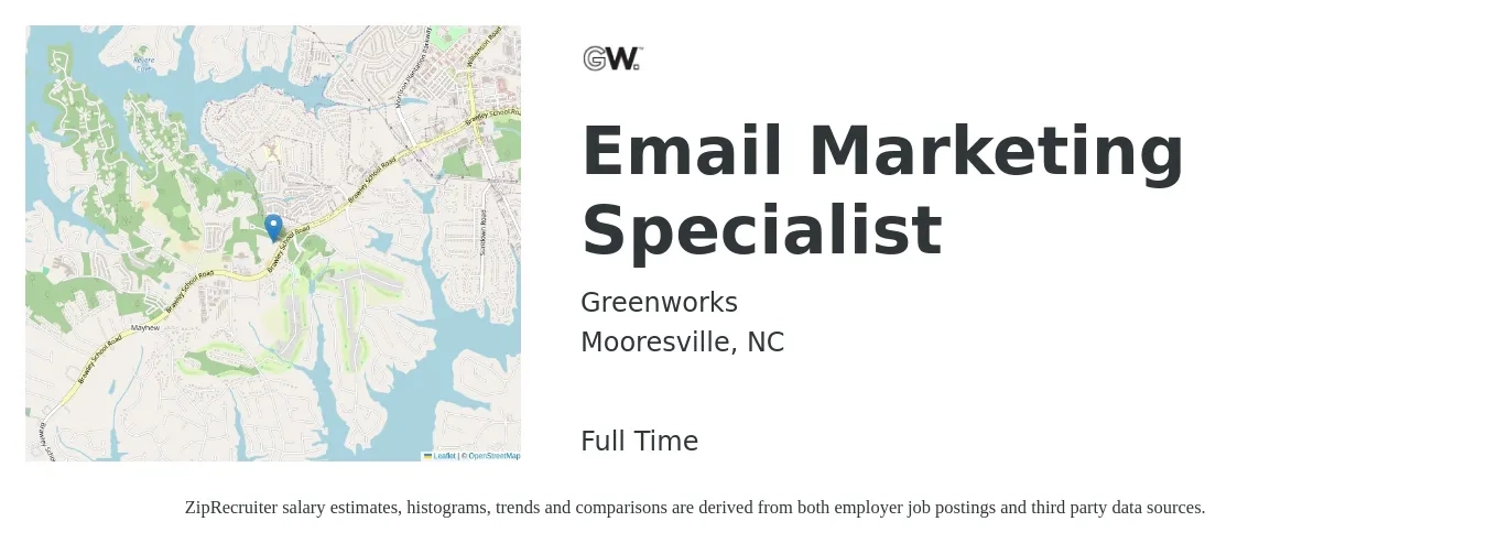 Greenworks job posting for a Email Marketing Specialist in Mooresville, NC with a salary of $51,600 to $73,800 Yearly with a map of Mooresville location.