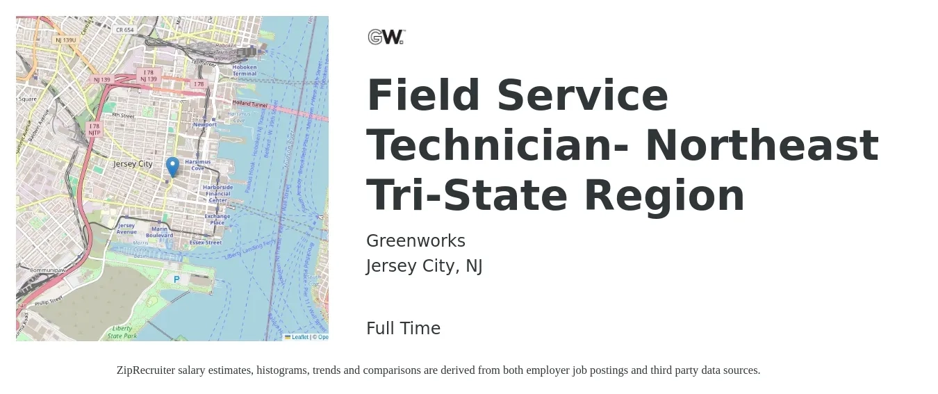 Greenworks job posting for a Field Service Technician- Northeast Tri-State Region in Jersey City, NJ with a salary of $21 to $31 Hourly with a map of Jersey City location.