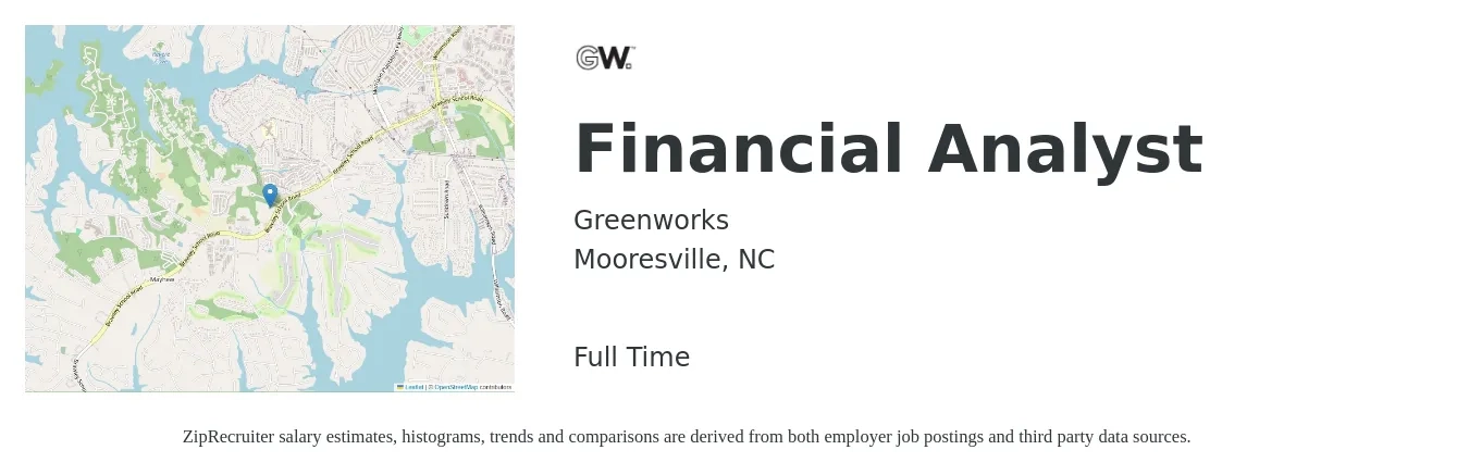Greenworks job posting for a Financial Analyst in Mooresville, NC with a salary of $66,300 to $104,600 Yearly with a map of Mooresville location.