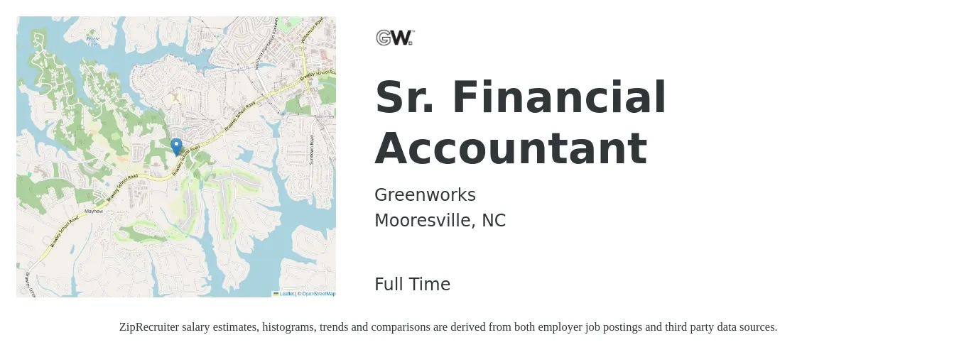 Greenworks job posting for a Sr. Financial Accountant in Mooresville, NC with a salary of $70,500 to $90,900 Yearly with a map of Mooresville location.
