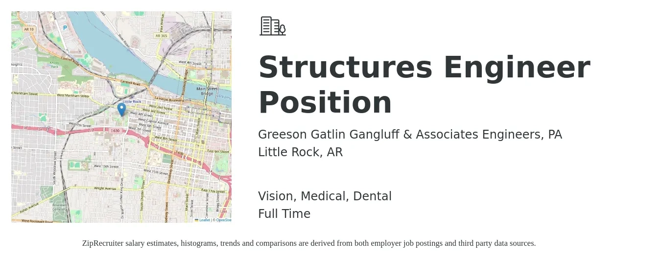 Greeson Gatlin Gangluff & Associates Engineers, PA job posting for a Structures Engineer Position in Little Rock, AR with a salary of $76,700 to $108,400 Yearly and benefits including medical, pto, retirement, vision, dental, and life_insurance with a map of Little Rock location.
