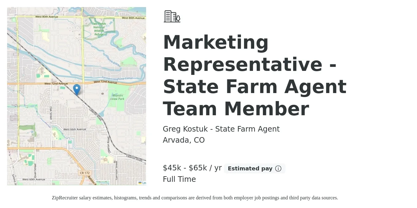 Greg Kostuk - State Farm Agent job posting for a Marketing Representative - State Farm Agent Team Member in Arvada, CO with a salary of $30,000 to $60,000 Yearly with a map of Arvada location.