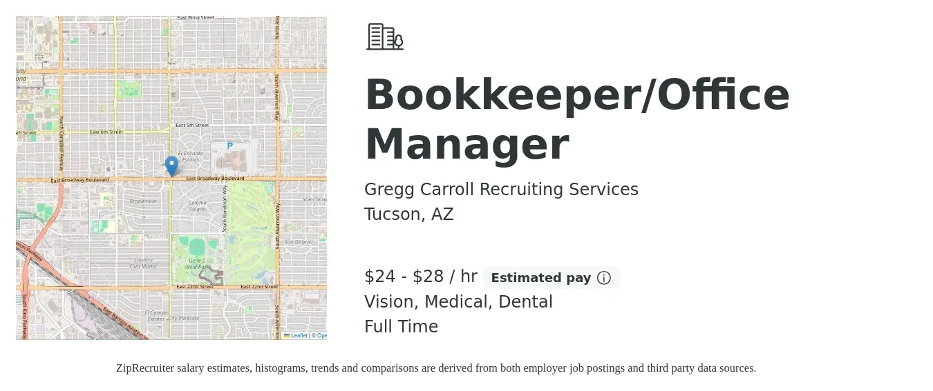 Gregg Carroll Recruiting Services job posting for a Bookkeeper/Office Manager in Tucson, AZ with a salary of $25 to $30 Hourly and benefits including medical, pto, retirement, vision, dental, and life_insurance with a map of Tucson location.