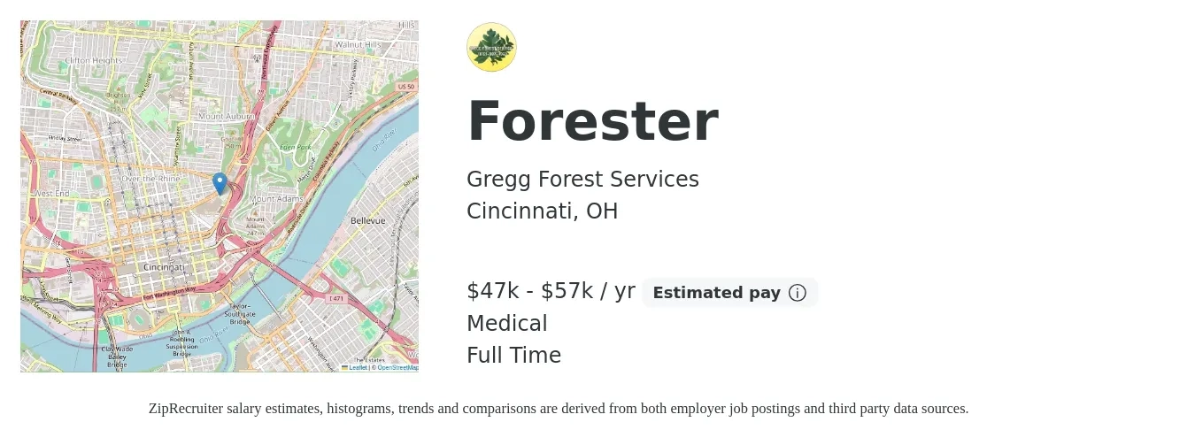 Gregg Forest Services job posting for a Forester in Cincinnati, OH with a salary of $47,000 to $57,000 Yearly and benefits including medical, and retirement with a map of Cincinnati location.