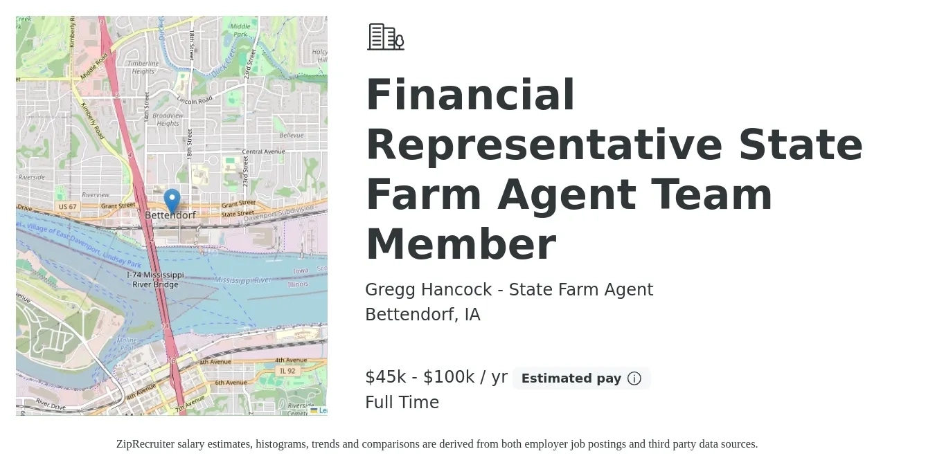 Gregg Hancock - State Farm Agent job posting for a Financial Representative State Farm Agent Team Member in Bettendorf, IA with a salary of $45,000 to $100,000 Yearly with a map of Bettendorf location.