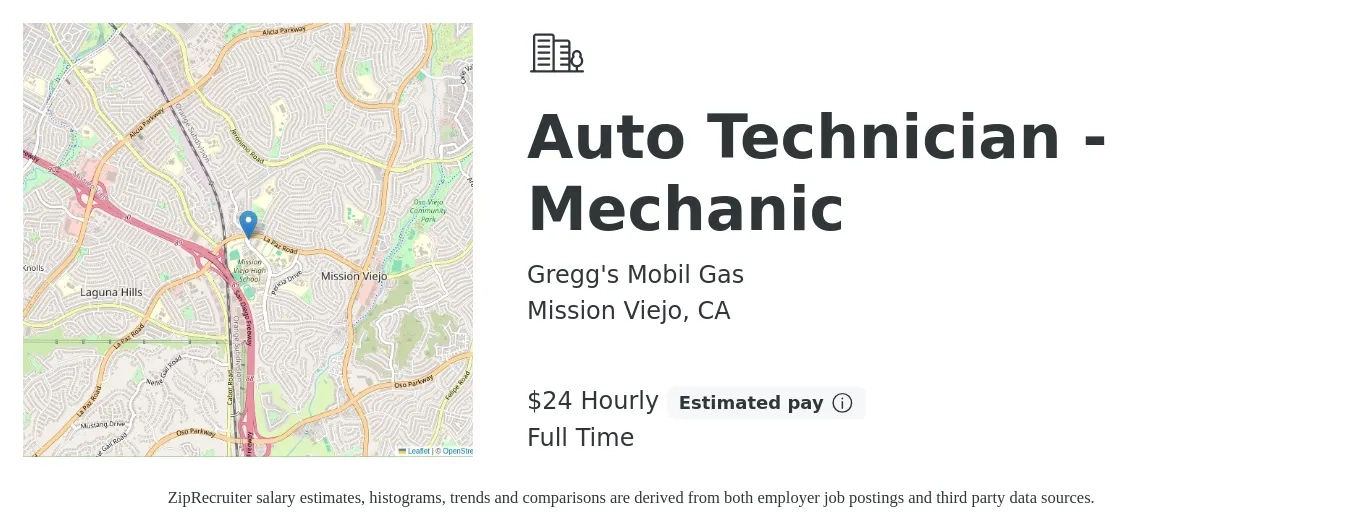 Gregg's Mobil Gas job posting for a Auto Technician - Mechanic in Mission Viejo, CA with a salary of $25 to $35 Hourly with a map of Mission Viejo location.