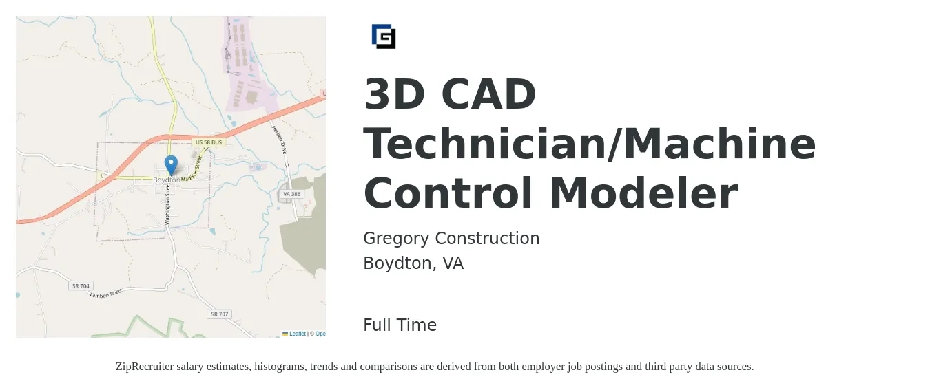 Gregory Construction job posting for a 3D CAD Technician/Machine Control Modeler in Boydton, VA with a salary of $21 to $31 Hourly with a map of Boydton location.
