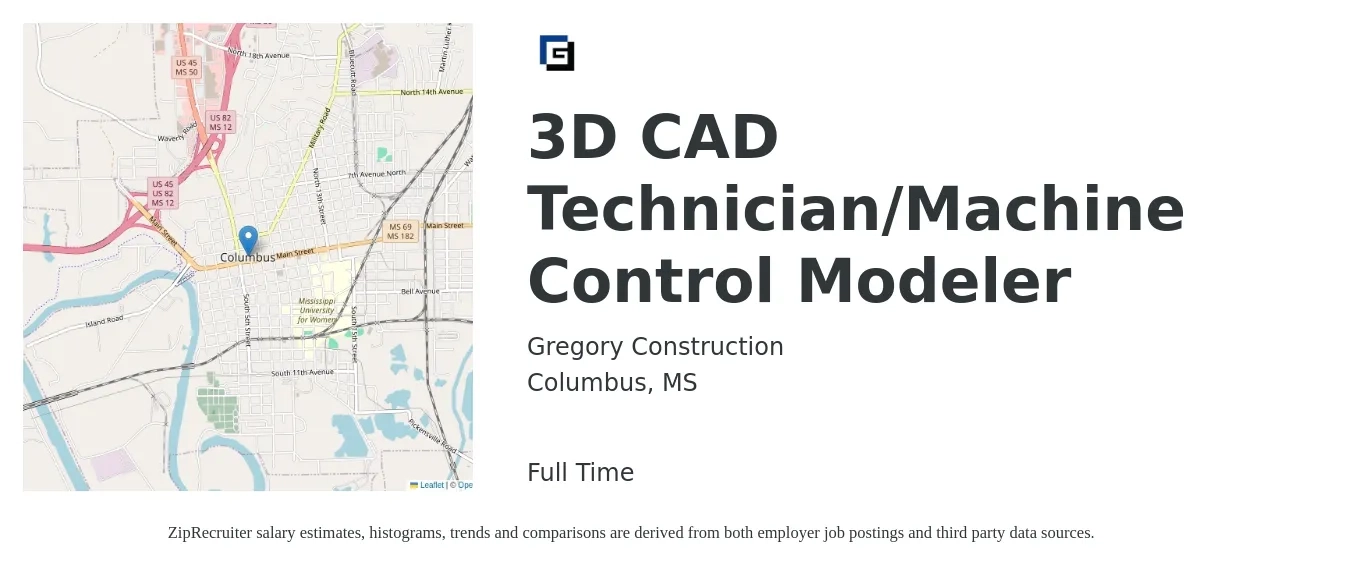 Gregory Construction job posting for a 3D CAD Technician/Machine Control Modeler in Columbus, MS with a salary of $22 to $32 Hourly with a map of Columbus location.
