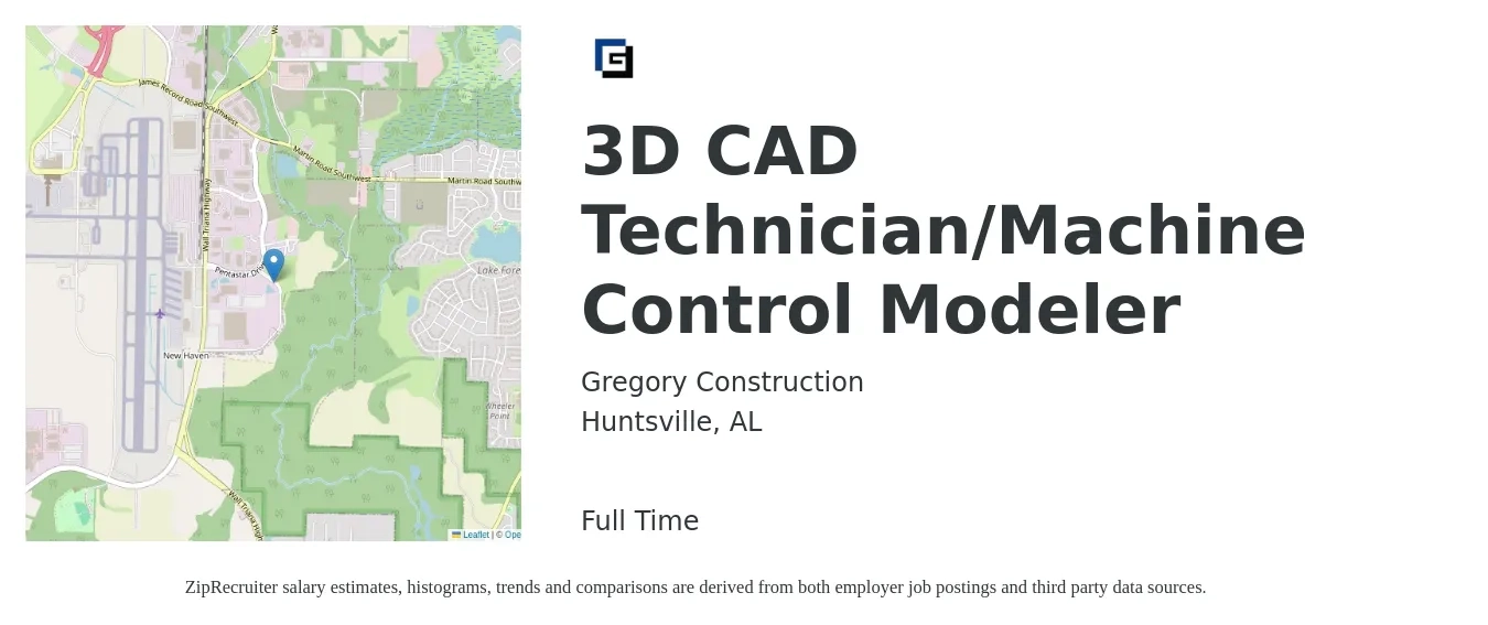 Gregory Construction job posting for a 3D CAD Technician/Machine Control Modeler in Huntsville, AL with a salary of $22 to $32 Hourly with a map of Huntsville location.