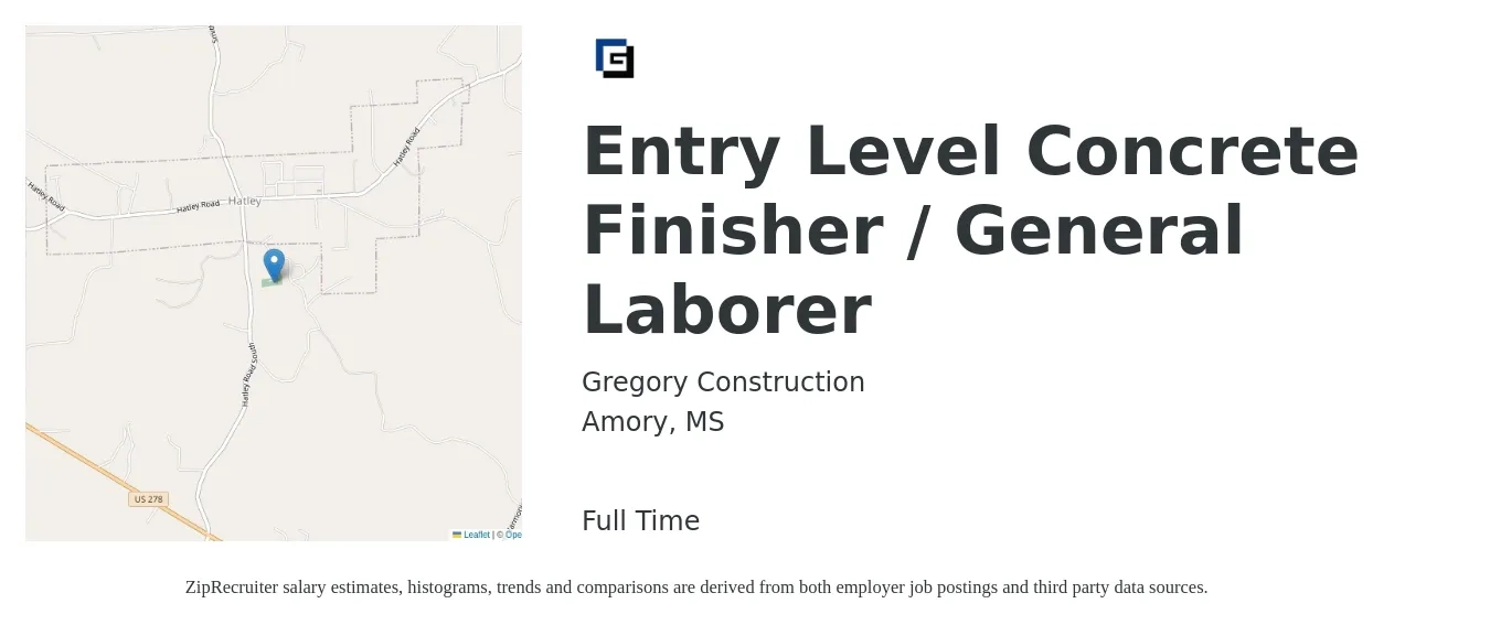 Gregory Construction job posting for a Entry Level Concrete Finisher / General Laborer in Amory, MS with a salary of $14 to $20 Hourly with a map of Amory location.