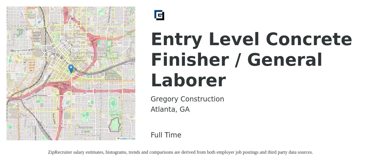 Gregory Construction job posting for a Entry Level Concrete Finisher / General Laborer in Atlanta, GA with a salary of $17 to $23 Hourly with a map of Atlanta location.