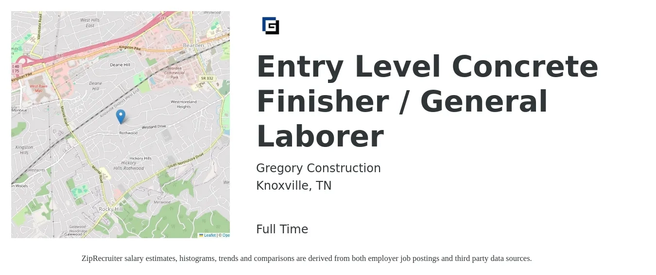 Gregory Construction job posting for a Entry Level Concrete Finisher / General Laborer in Knoxville, TN with a salary of $17 to $24 Hourly with a map of Knoxville location.
