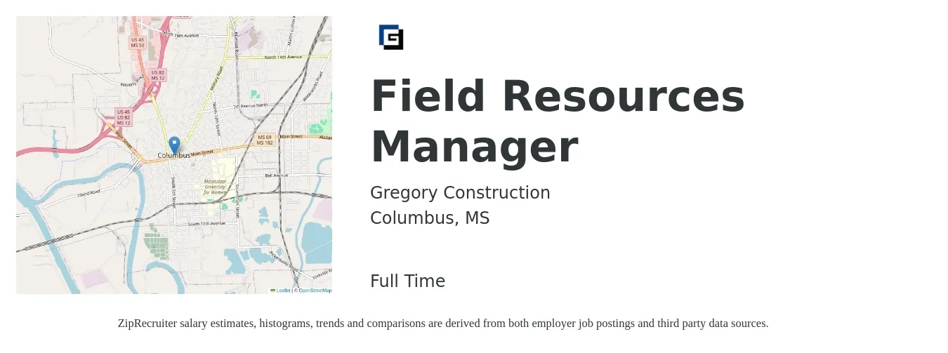Gregory Construction job posting for a Field Resources Manager in Columbus, MS with a salary of $50,300 to $84,000 Yearly with a map of Columbus location.