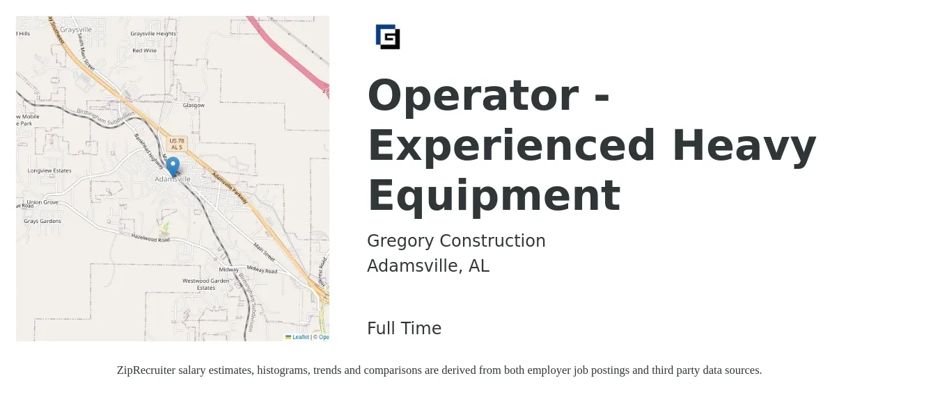 Gregory Construction job posting for a Operator - Experienced Heavy Equipment in Adamsville, AL with a salary of $20 to $27 Hourly with a map of Adamsville location.