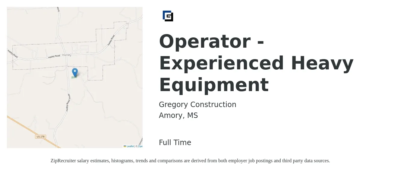 Gregory Construction job posting for a Operator - Experienced Heavy Equipment in Amory, MS with a salary of $16 to $22 Hourly with a map of Amory location.