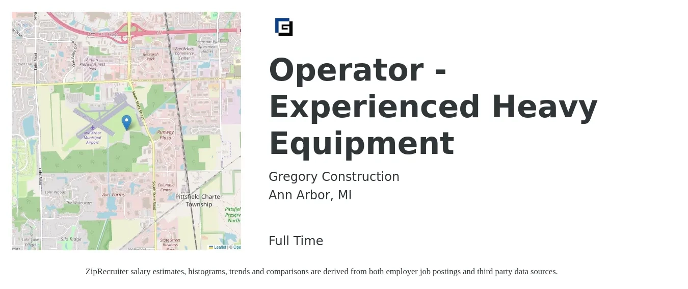 Gregory Construction job posting for a Operator - Experienced Heavy Equipment in Ann Arbor, MI with a salary of $20 to $28 Hourly with a map of Ann Arbor location.