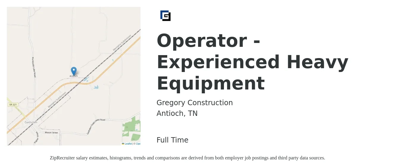 Gregory Construction job posting for a Operator - Experienced Heavy Equipment in Antioch, TN with a salary of $20 to $27 Hourly with a map of Antioch location.