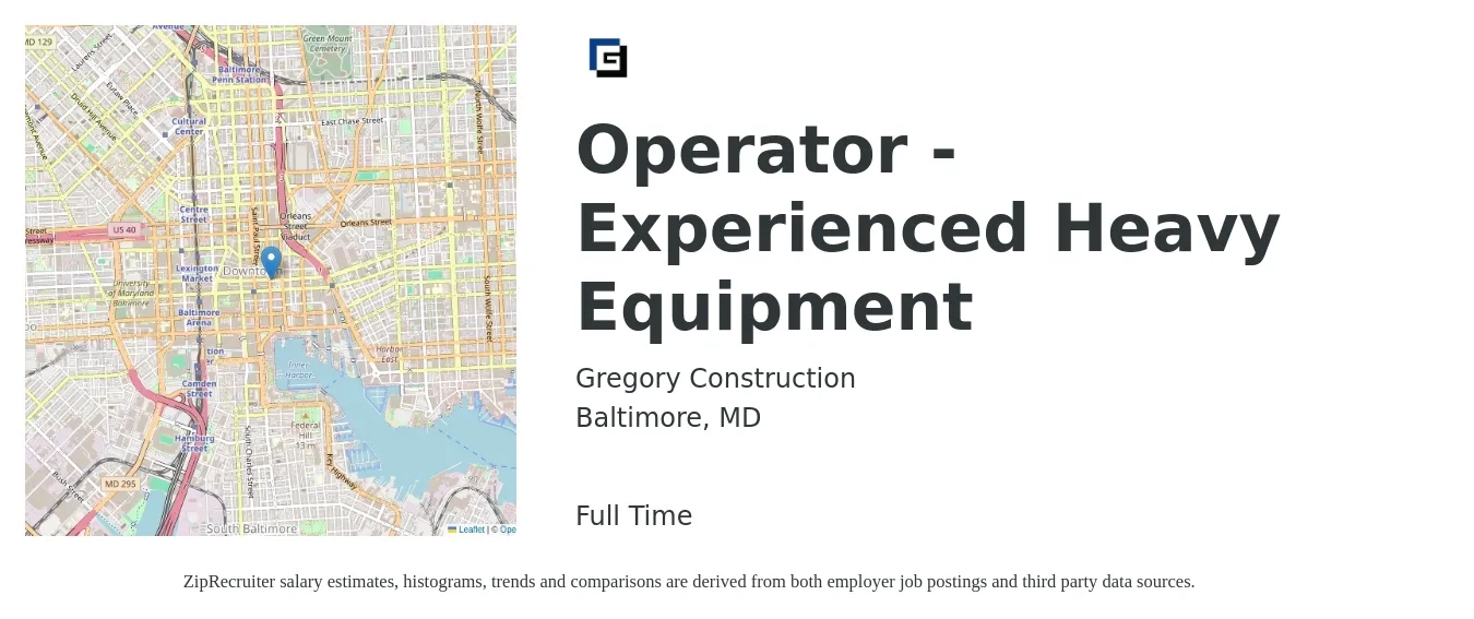 Gregory Construction job posting for a Operator - Experienced Heavy Equipment in Baltimore, MD with a salary of $20 to $28 Hourly with a map of Baltimore location.