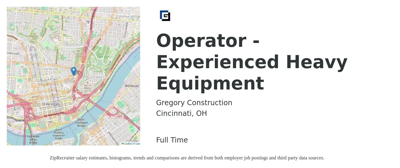 Gregory Construction job posting for a Operator - Experienced Heavy Equipment in Cincinnati, OH with a salary of $20 to $27 Hourly with a map of Cincinnati location.