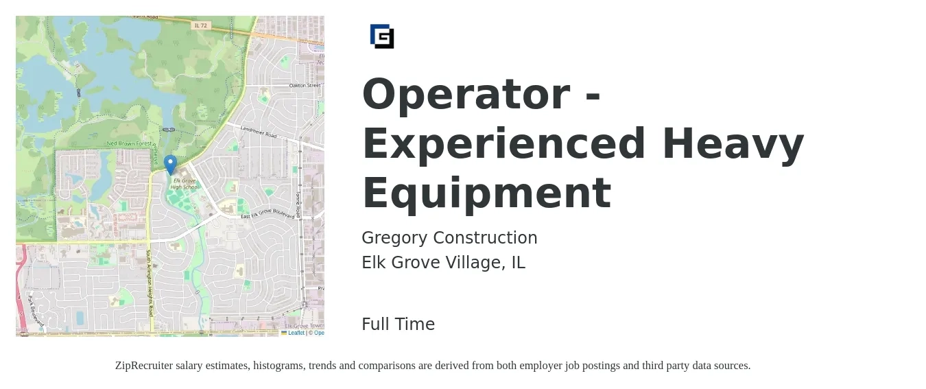 Gregory Construction job posting for a Operator - Experienced Heavy Equipment in Elk Grove Village, IL with a salary of $20 to $28 Hourly with a map of Elk Grove Village location.