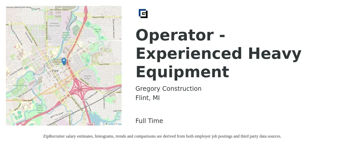 Gregory Construction job posting for a Operator - Experienced Heavy Equipment in Flint, MI with a salary of $20 to $27 Hourly with a map of Flint location.