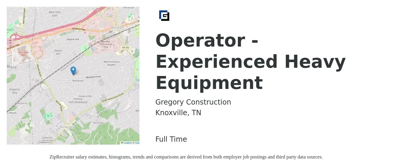 Gregory Construction job posting for a Operator - Experienced Heavy Equipment in Knoxville, TN with a salary of $19 to $27 Hourly with a map of Knoxville location.