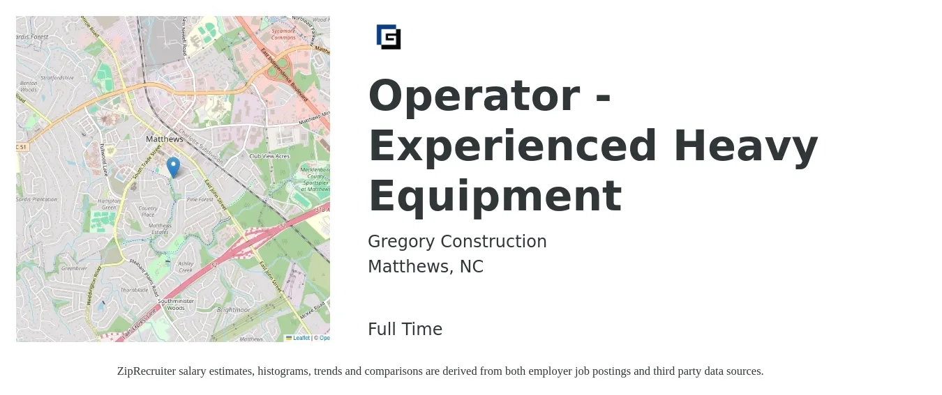 Gregory Construction job posting for a Operator - Experienced Heavy Equipment in Matthews, NC with a salary of $19 to $26 Hourly with a map of Matthews location.