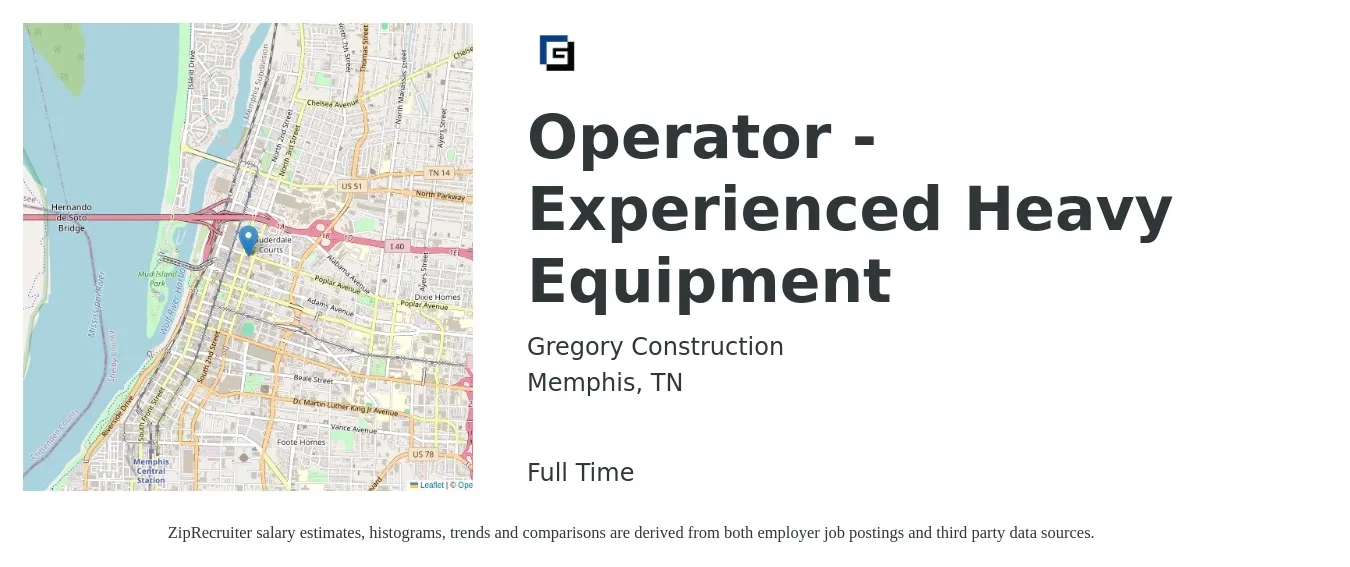 Gregory Construction job posting for a Operator - Experienced Heavy Equipment in Memphis, TN with a salary of $18 to $25 Hourly with a map of Memphis location.