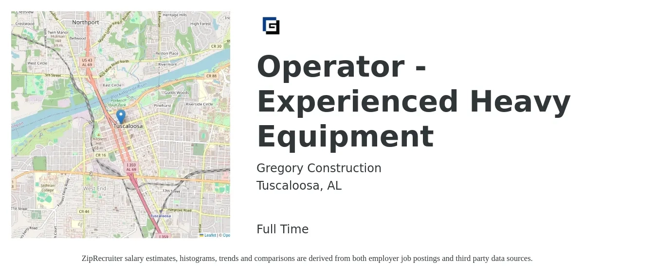 Gregory Construction job posting for a Operator - Experienced Heavy Equipment in Tuscaloosa, AL with a salary of $18 to $25 Hourly with a map of Tuscaloosa location.