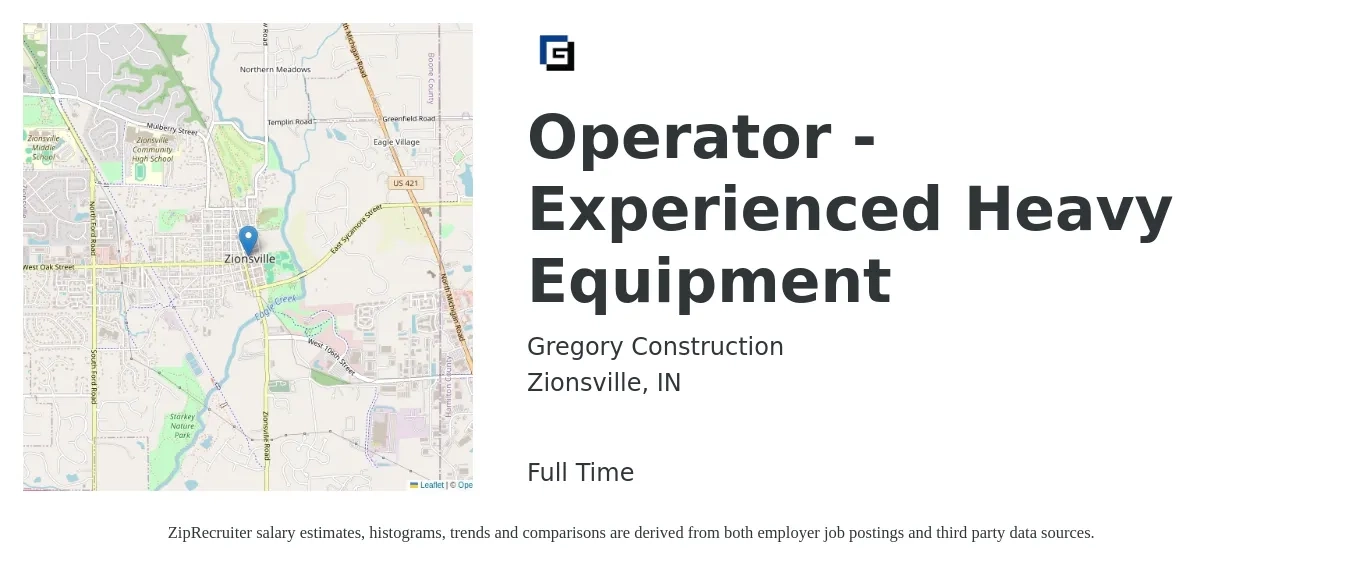 Gregory Construction job posting for a Operator - Experienced Heavy Equipment in Zionsville, IN with a salary of $20 to $27 Hourly with a map of Zionsville location.