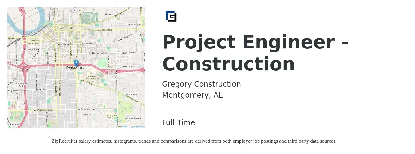 Gregory Construction job posting for a Project Engineer - Construction in Montgomery, AL with a salary of $68,200 to $87,500 Yearly with a map of Montgomery location.