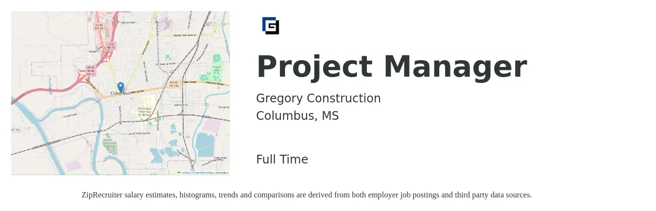 Gregory Construction job posting for a Project Manager in Columbus, MS with a salary of $76,700 to $120,200 Yearly with a map of Columbus location.