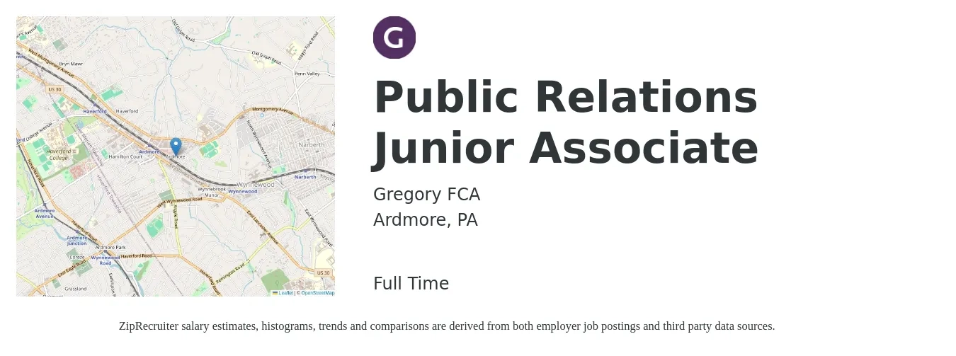 Gregory FCA job posting for a Public Relations Junior Associate in Ardmore, PA with a salary of $16 to $31 Hourly with a map of Ardmore location.