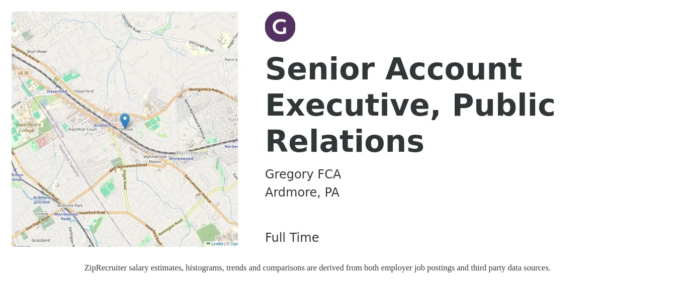 Gregory FCA job posting for a Senior Account Executive, Public Relations in Ardmore, PA with a salary of $56,300 to $79,000 Yearly with a map of Ardmore location.