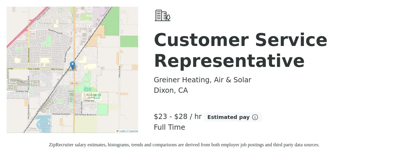 Greiner Heating, Air & Solar job posting for a Customer Service Representative in Dixon, CA with a salary of $24 to $30 Hourly with a map of Dixon location.