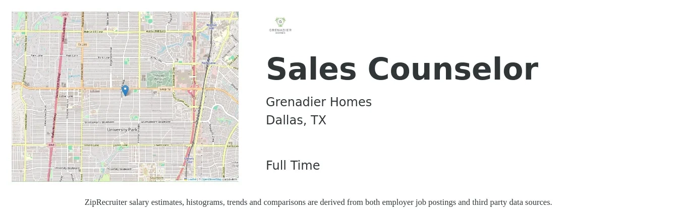 Grenadier Homes job posting for a Sales Counselor in Dallas, TX with a salary of $38,300 to $63,100 Yearly with a map of Dallas location.