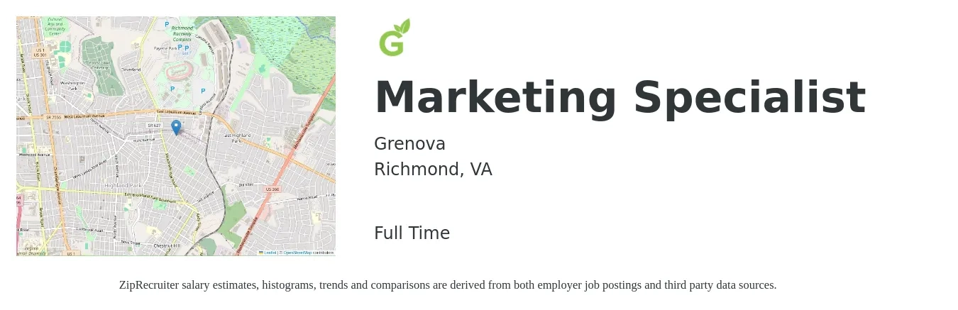 Grenova job posting for a Marketing Specialist in Richmond, VA with a salary of $47,000 to $69,300 Yearly with a map of Richmond location.