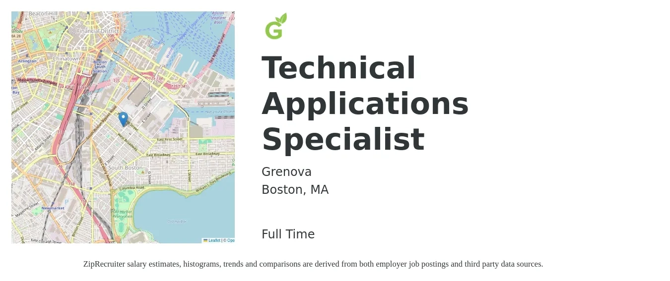 Grenova job posting for a Technical Applications Specialist in Boston, MA with a salary of $20 to $50 Hourly with a map of Boston location.