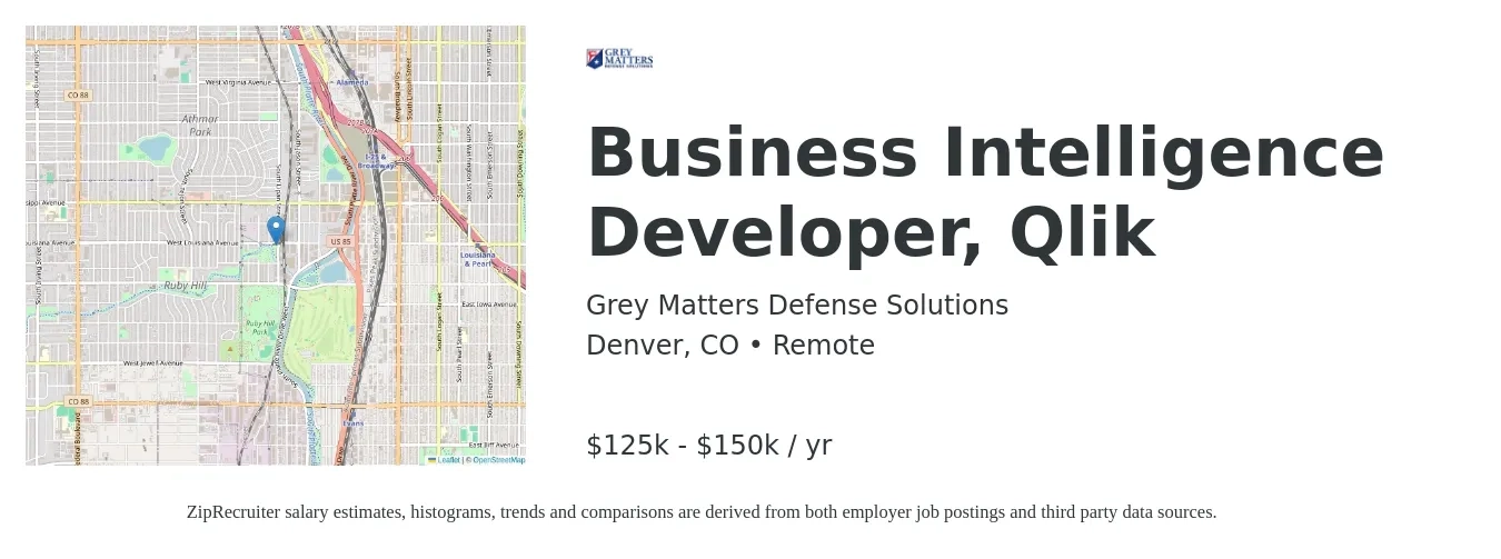 Grey Matters Defense Solutions job posting for a Business Intelligence Developer, Qlik in Denver, CO with a salary of $125,000 to $150,000 Yearly with a map of Denver location.