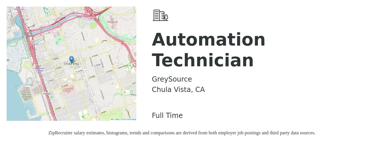 GreySource job posting for a Automation Technician in Chula Vista, CA with a salary of $43,500 Yearly with a map of Chula Vista location.