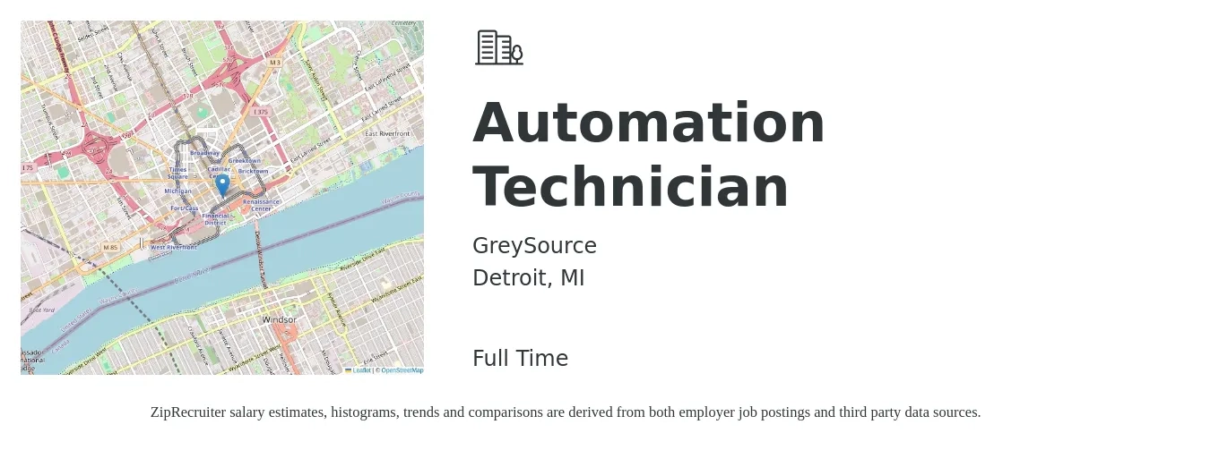 GreySource job posting for a Automation Technician in Detroit, MI with a salary of $41,600 Yearly with a map of Detroit location.